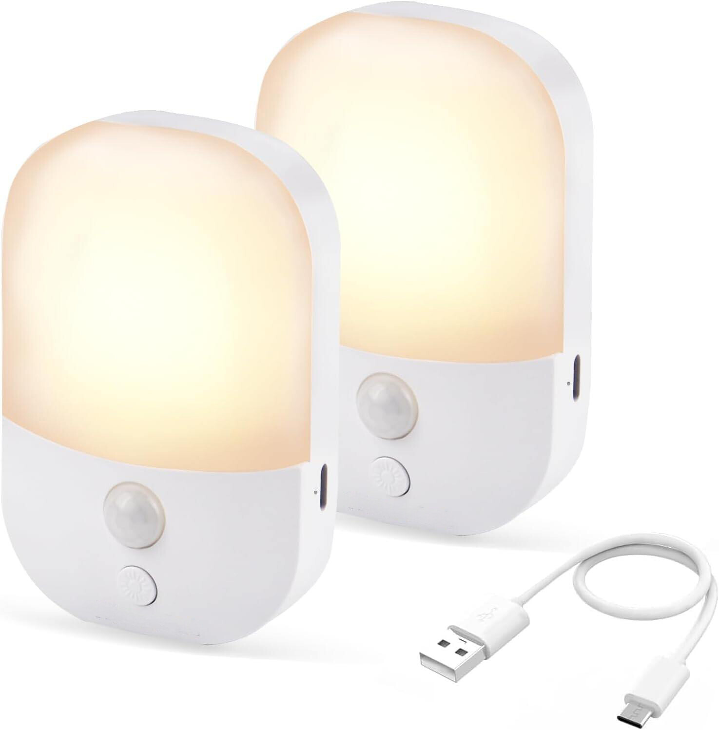 Motion Sensor Night Light, LED Dimmable Warm White Type-C Rechargeable Battery, for Hallway, Bathroom, Stair, Wardrobe, Bedroom, Auto On/Off, 2 Pack